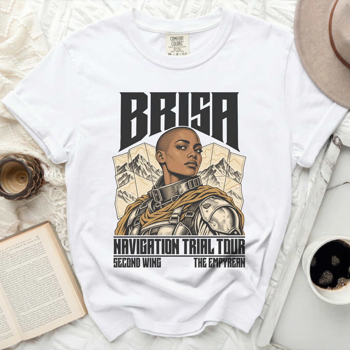 White t-shirt with "BRISA" and "NAVIGATION TRIAL TOUR" graphics.