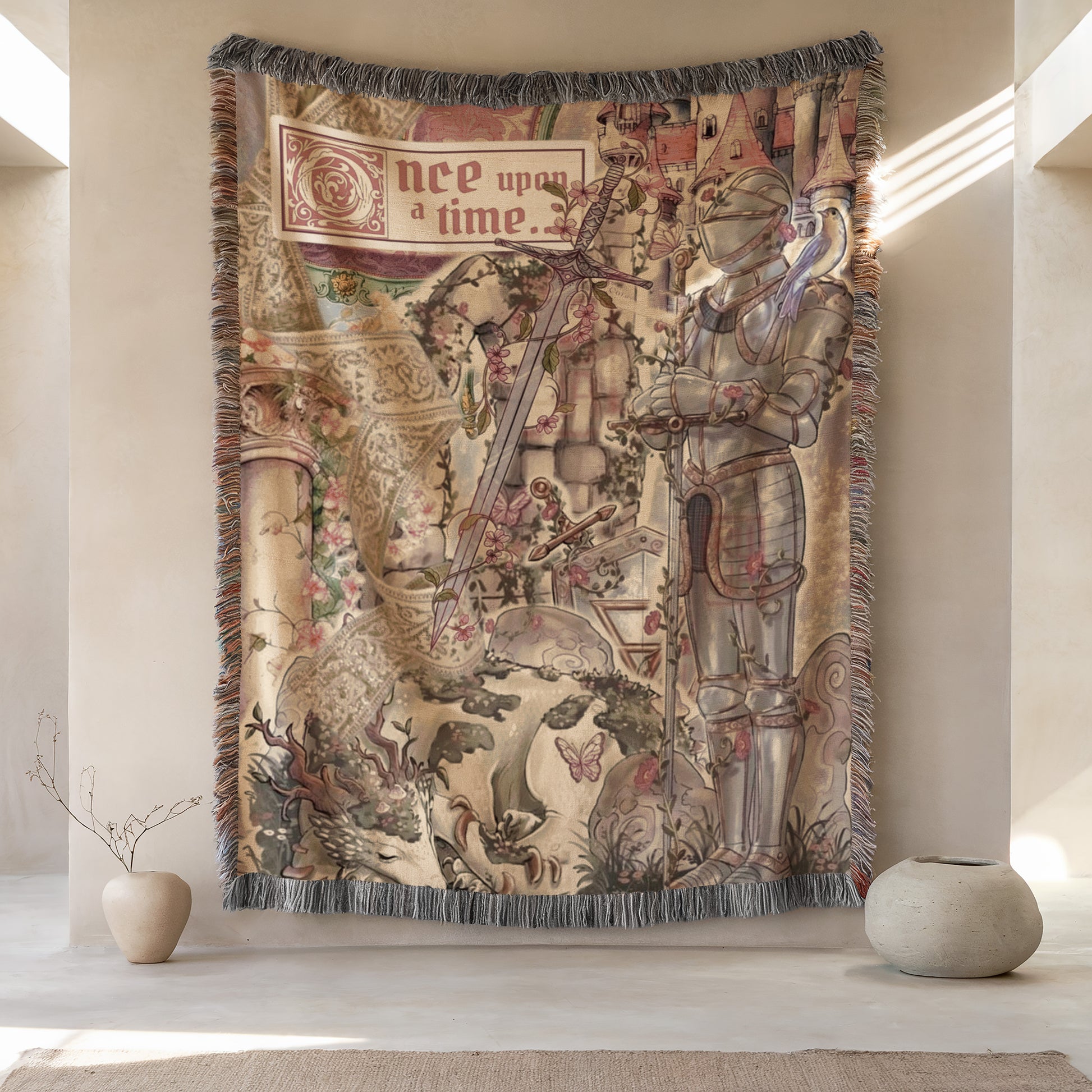 a large tapestry hanging on a wall, depicting a knight in shining armor and a castle in the background.