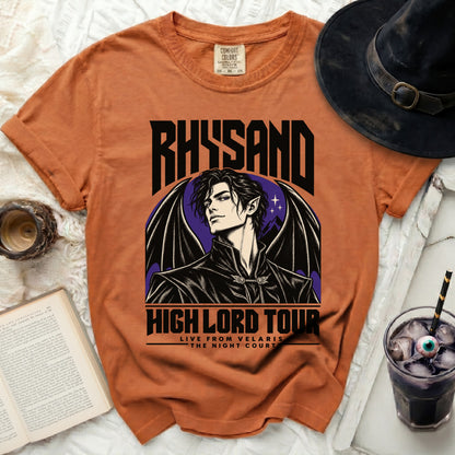 Orange t-shirt with Rhysand and High Lord Tour text, wings.