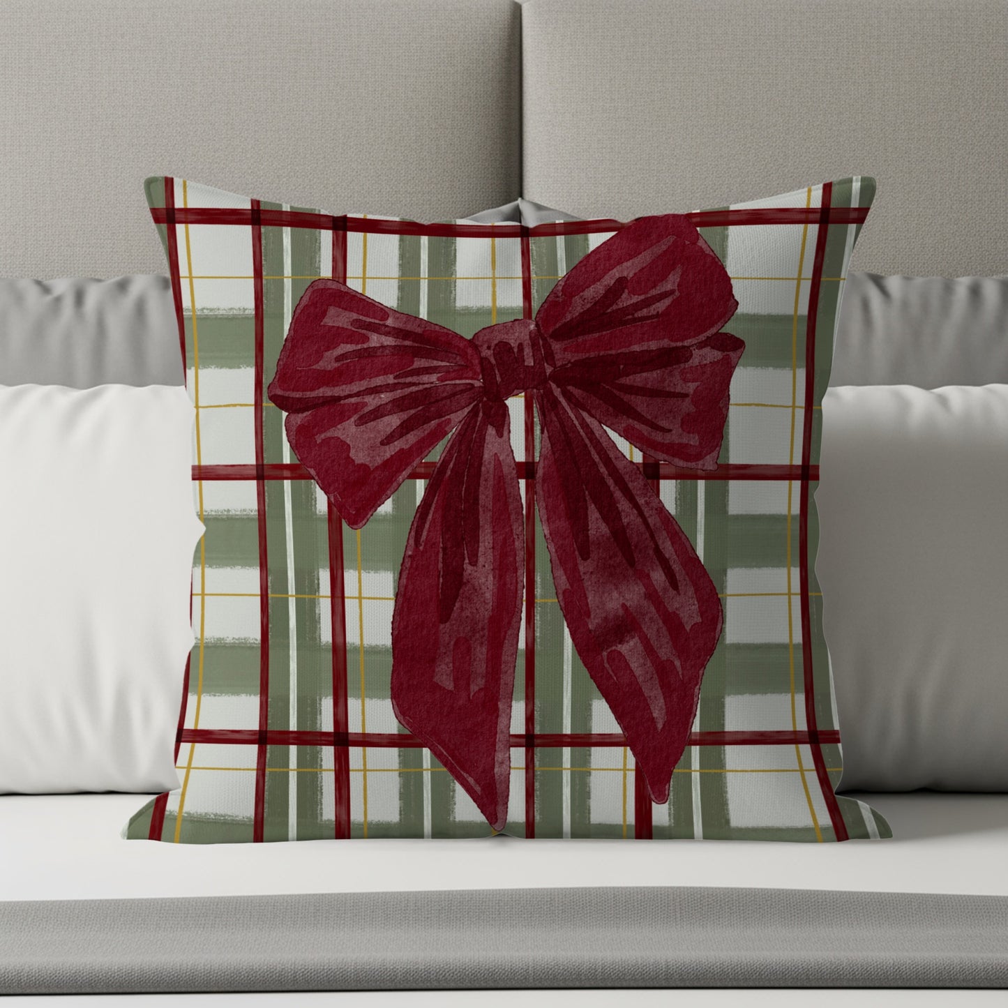 Festive Decorative Throw Pillow with Plaid Bow Design