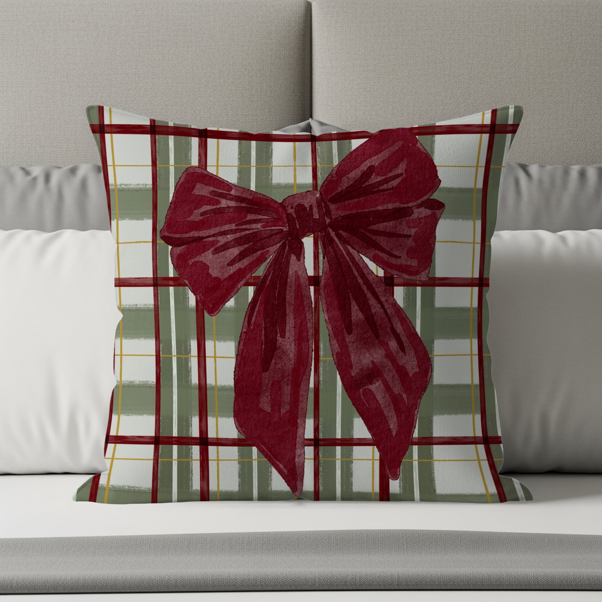 Festive Decorative Throw Pillow with Plaid Bow Design