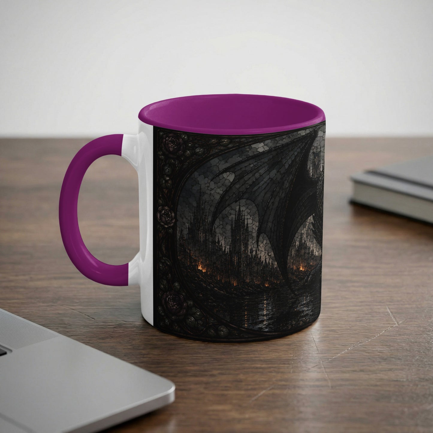 Mug with gothic cathedral and dragon wing artwork, purple handle and interior.
