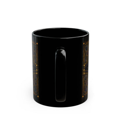 Black mug with ornate gold and blue celestial pattern.