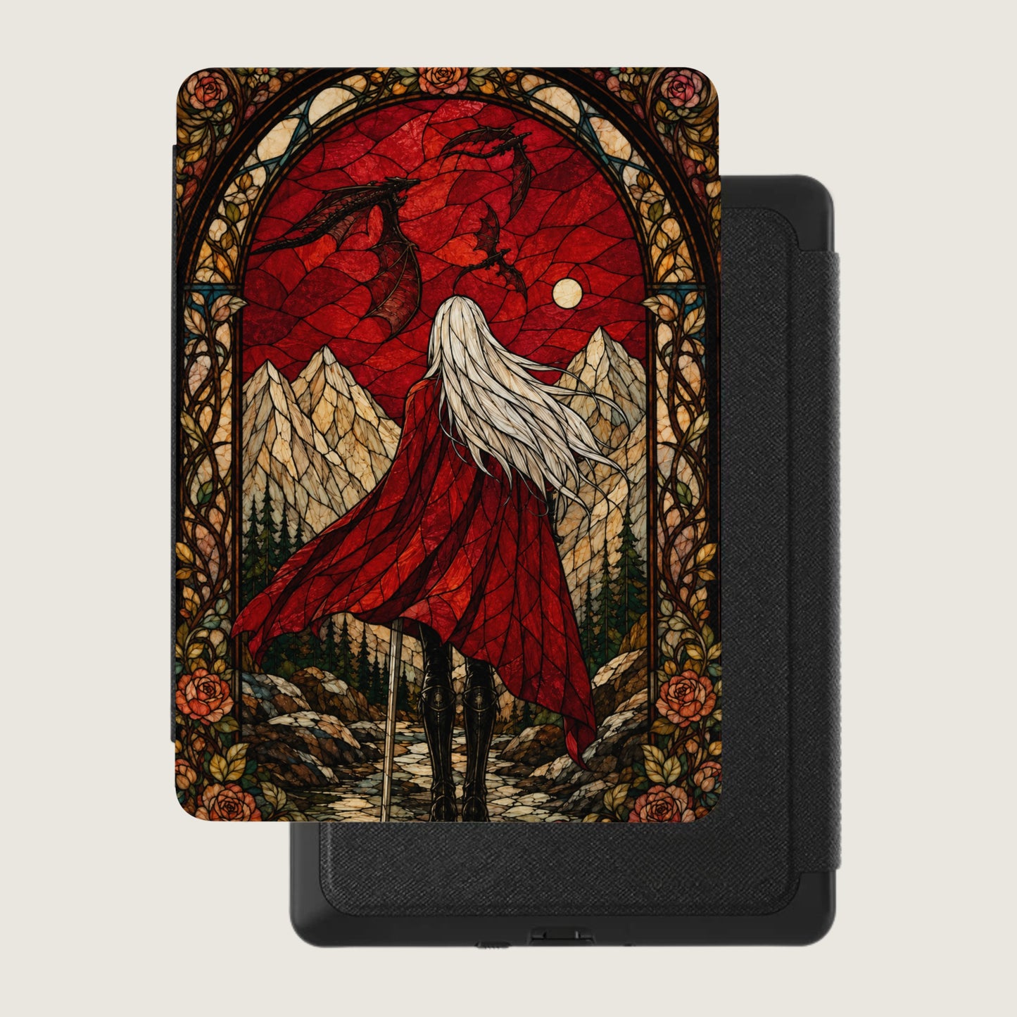 Stained glass art of a cloaked figure with long hair facing dragons against a mountainous red sky.