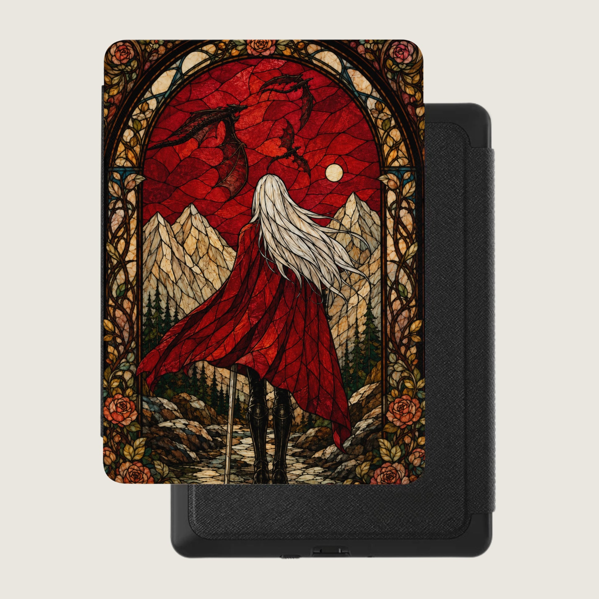 Stained glass art of a cloaked figure with long hair facing dragons against a mountainous red sky.