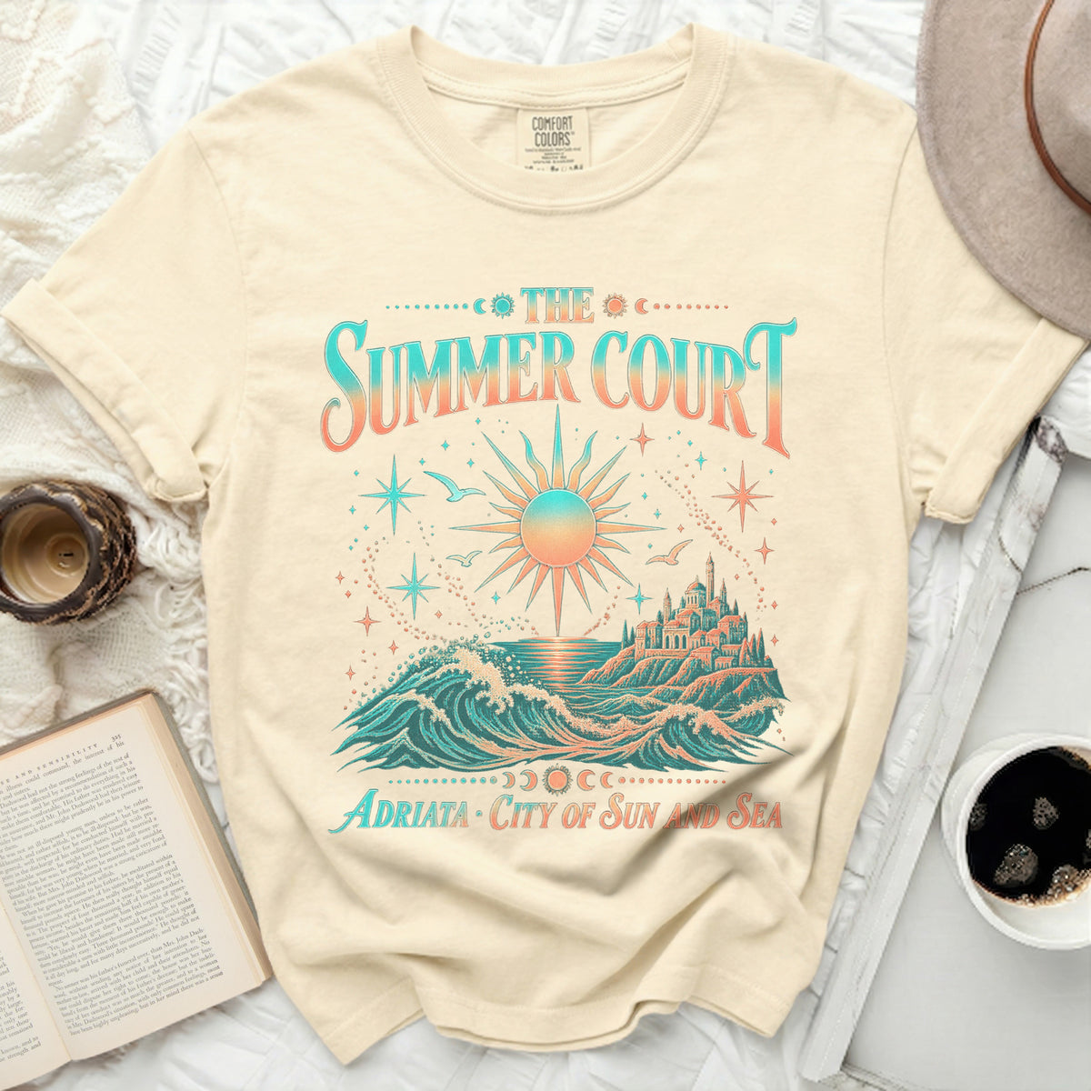 Cream t-shirt with "The Summer Court" and "Adriata City of Sun and Sea" text.