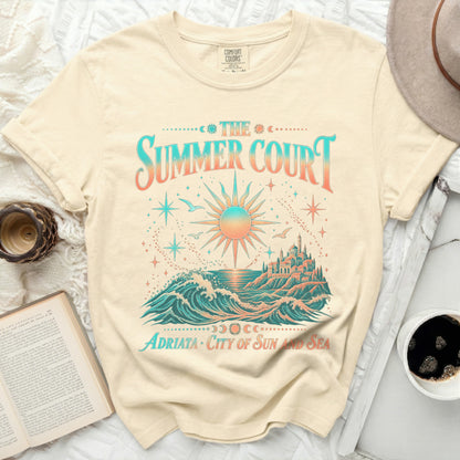 Cream t-shirt with "The Summer Court" and "Adriata City of Sun and Sea" text.