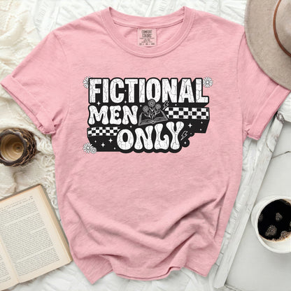 Pink t-shirt with "Fictional Men Only" graphic and an open book with flowers.
