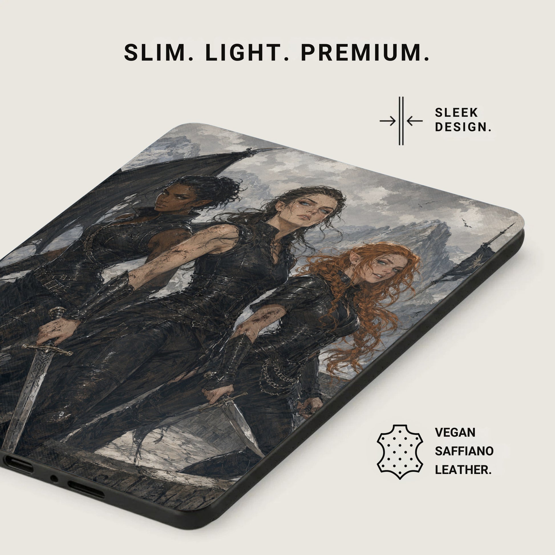 Case with the "A Court of Thorns and Roses" illustration and vegan saffiano leather text.