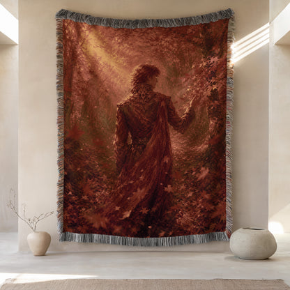a large tapestry hanging on a wall, depicting a woman in a flowing red dress standing amidst a forest of trees and foliage. The tapestry is framed by a decorative border, and there are two small vases placed on either side of the tapestry.