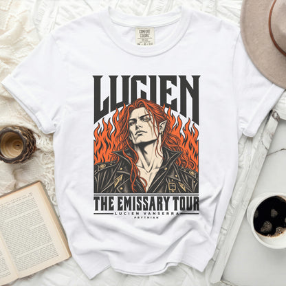 White t-shirt with "LUCIEN THE EMISSARY TOUR" graphic.