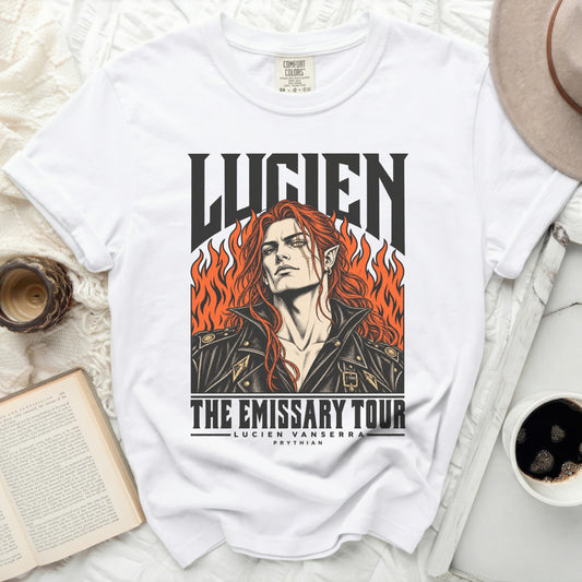 White t-shirt with "LUCIEN THE EMISSARY TOUR" graphic.