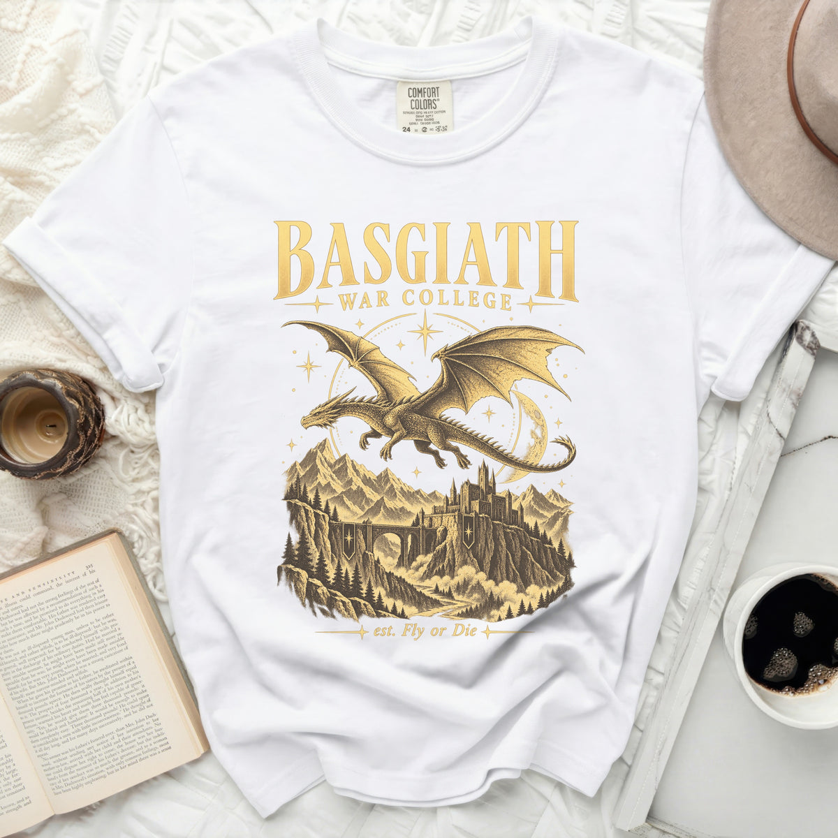 White t-shirt with gold "Basgiath War College" text and a dragon over a castle.