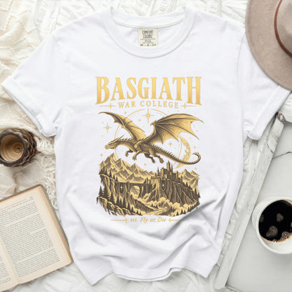 White t-shirt with gold "Basgiath War College" text and a dragon over a castle.