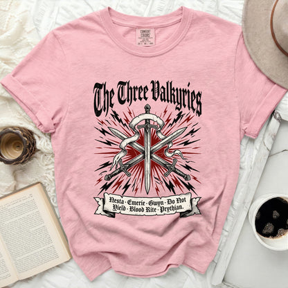 Pink t-shirt with "The Three Valkyries" text and sword graphic.
