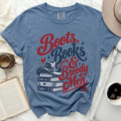 Blue Comfort Colors t-shirt with "Boots, Books & Broody Men" text and cowboy hat.