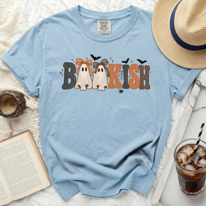Light blue t-shirt with "BOOKISH" graphic featuring ghosts, bats, and spiderweb.