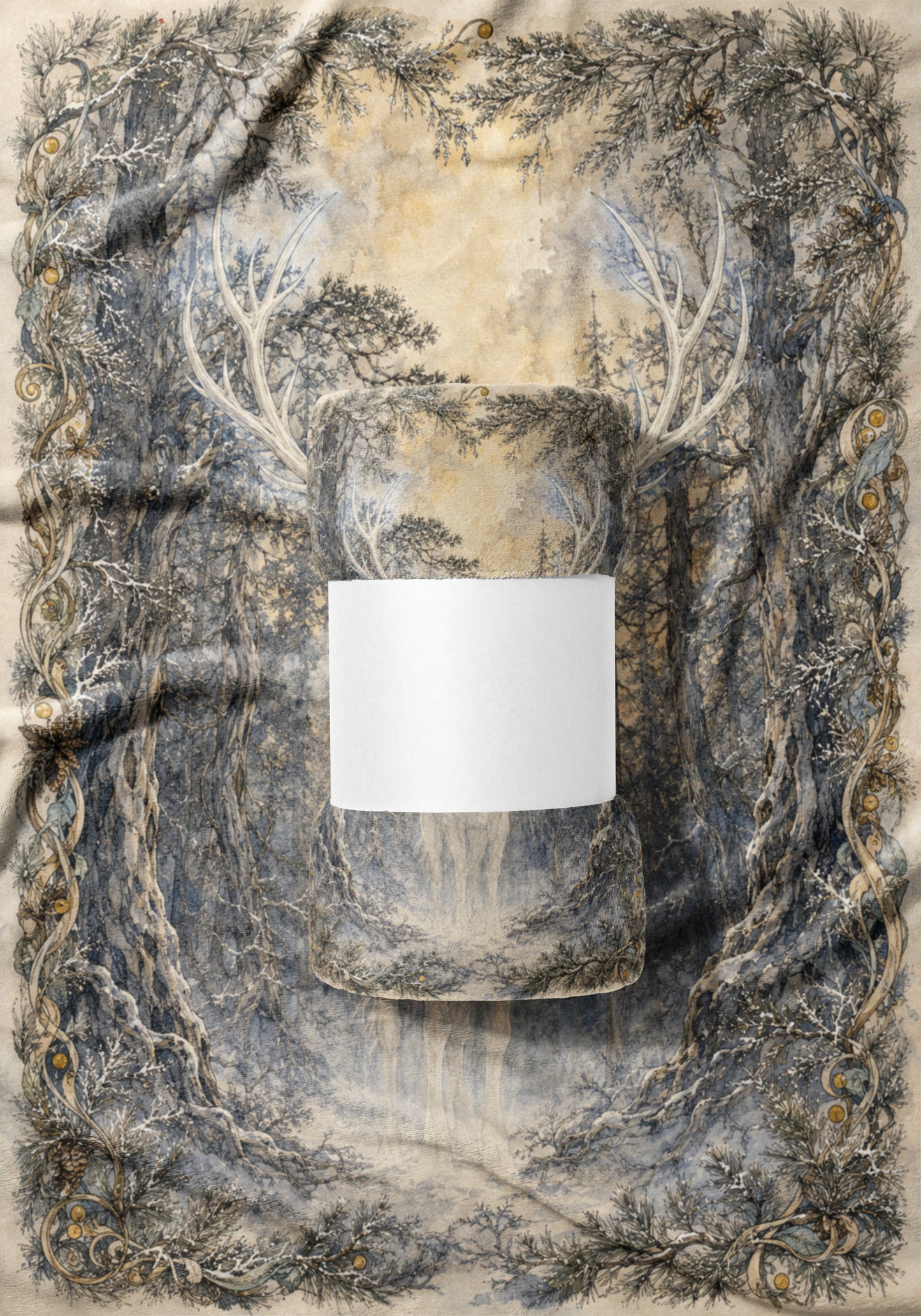 Winter forest scene with deer antlers and a blank white banner.