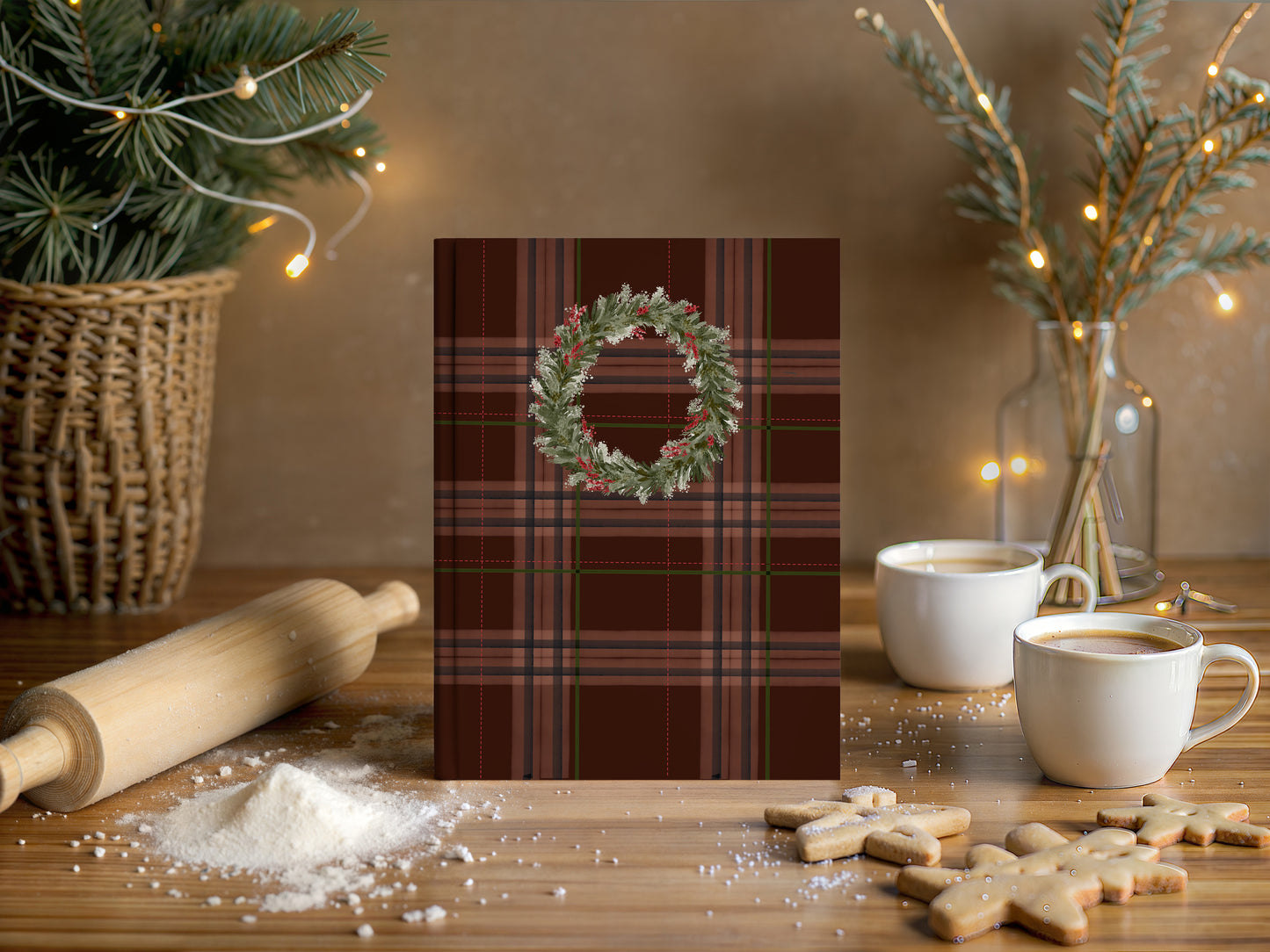 Festive Holiday Plaid Greeting Card with Wreath Design