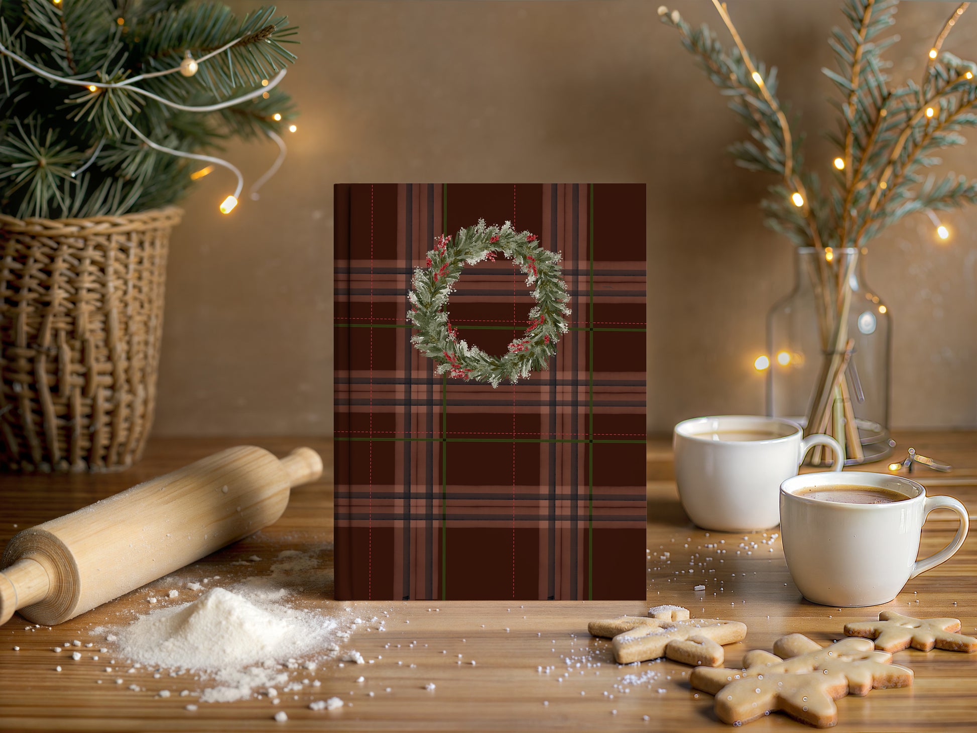 Festive Holiday Plaid Greeting Card with Wreath Design