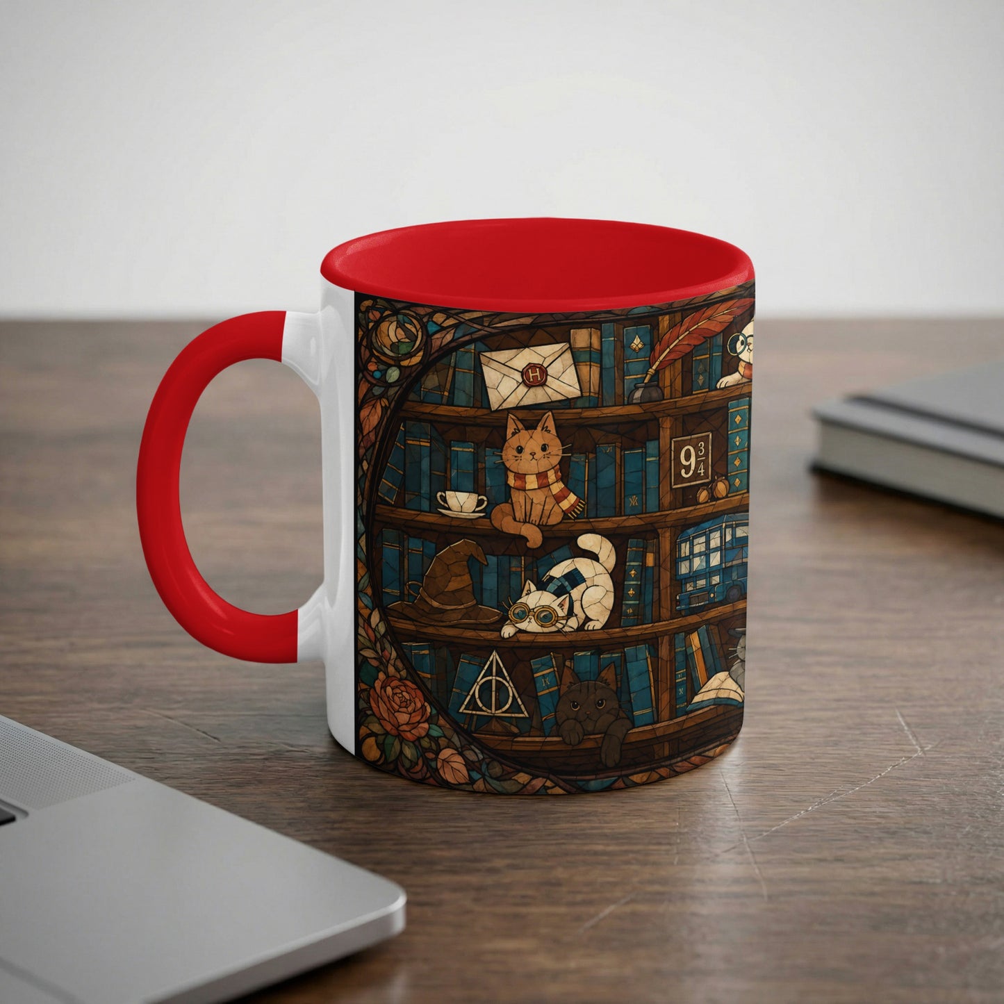 Mug with cats and books, featuring the Hogwarts Express and various magical items.
