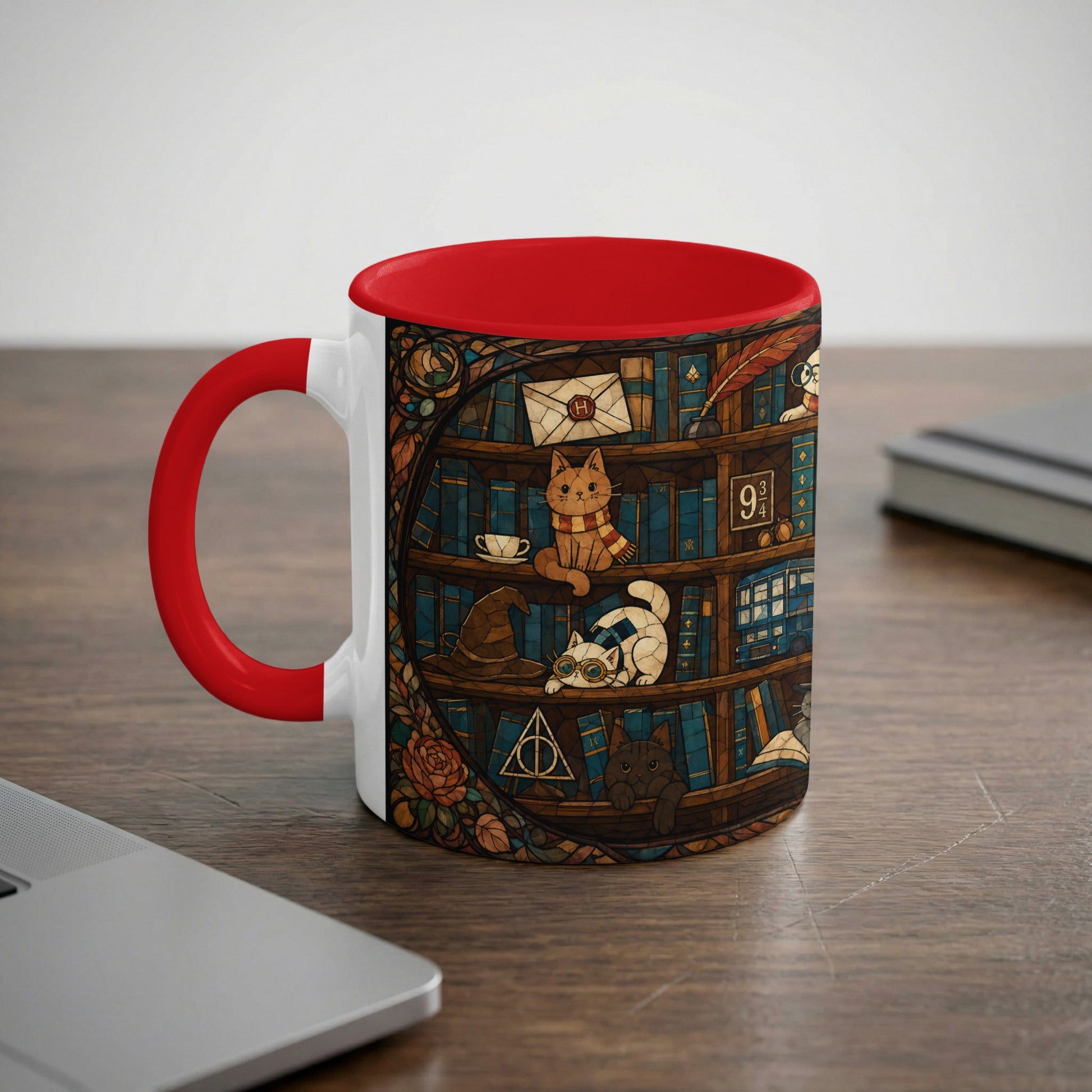 Mug with cats and books, featuring the Hogwarts Express and various magical items.