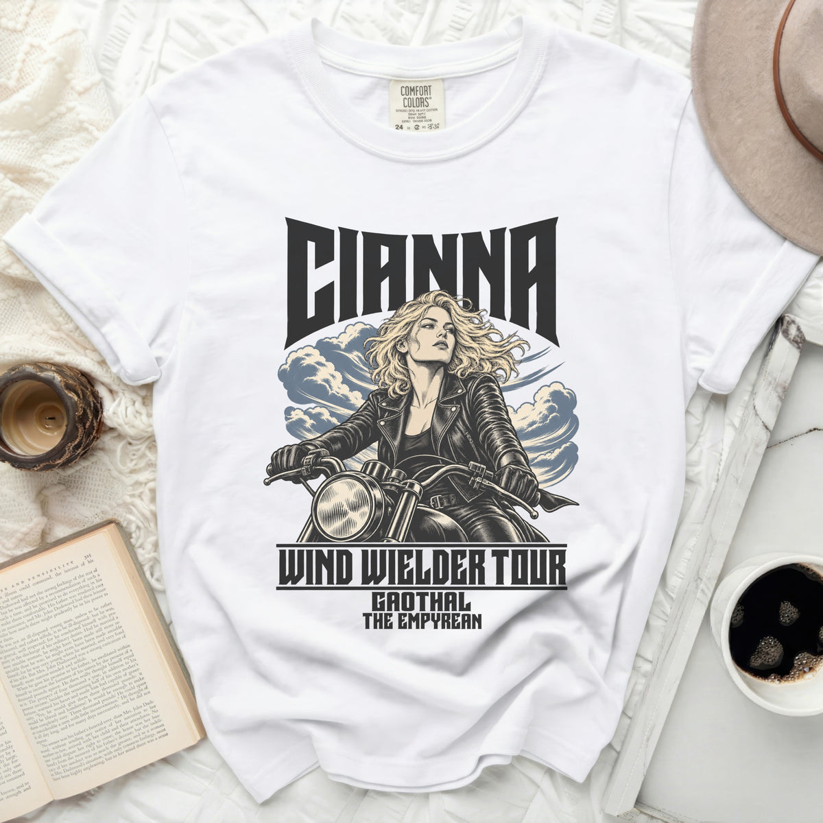 White t-shirt with "Cianna Wind Wielder Tour Gaothal The Empyrean" graphic.