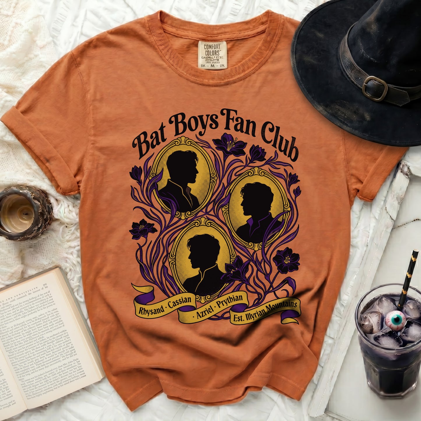 Orange t-shirt with "Bat Boys Fan Club" and three character silhouettes.