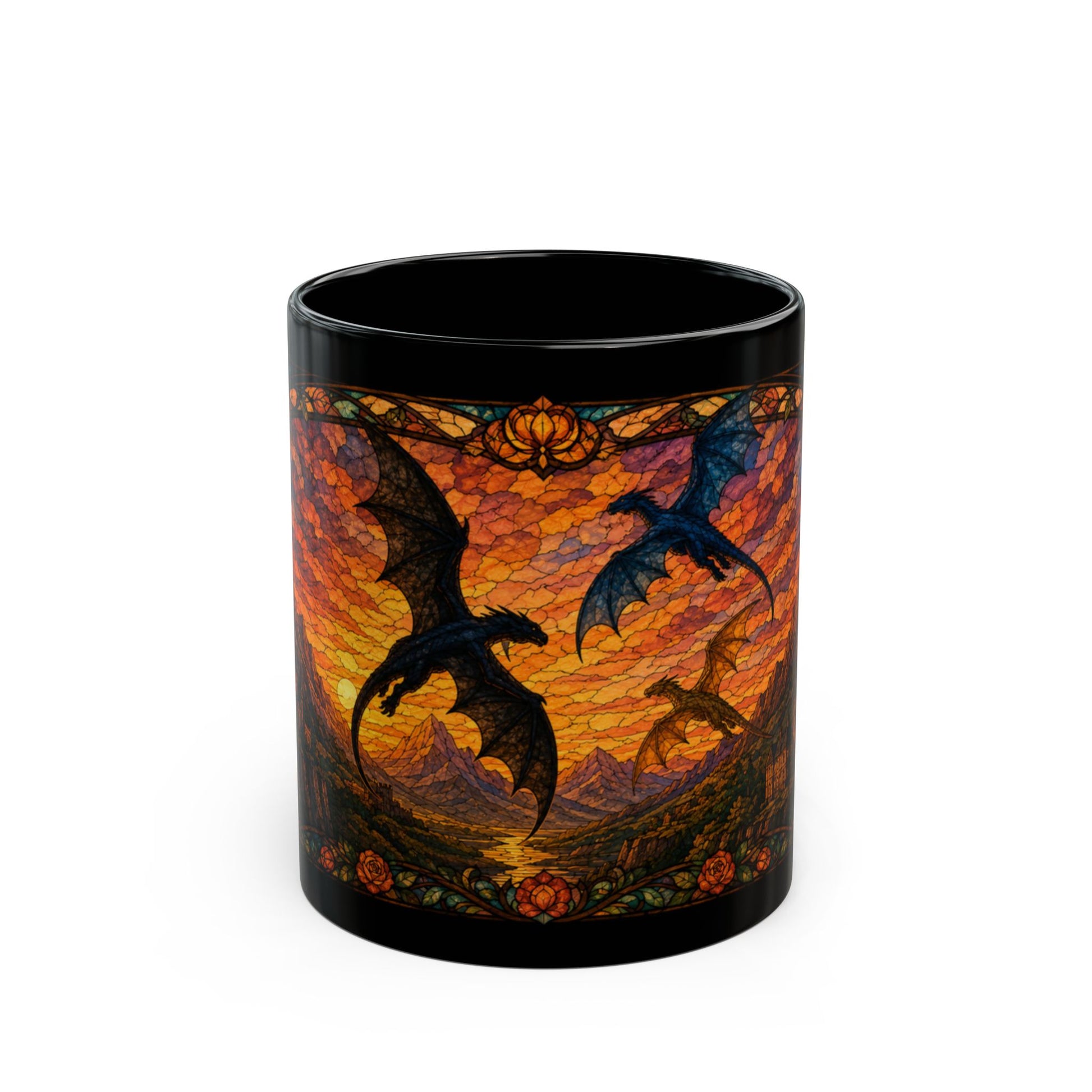 Black mug featuring a stained-glass style design of dragons flying at sunset.