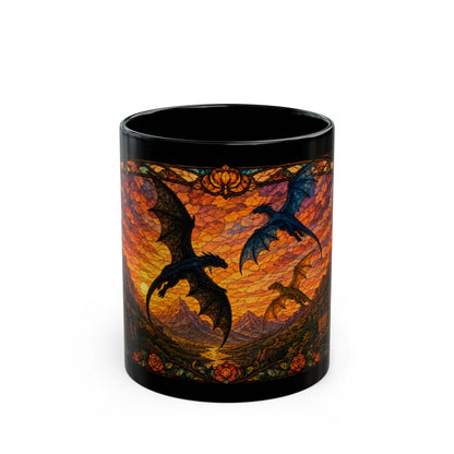 Black mug featuring a stained-glass style design of dragons flying at sunset.