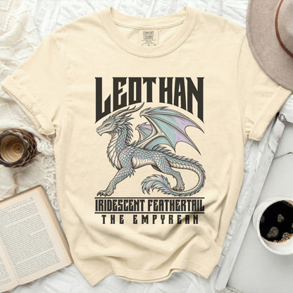 Cream t-shirt with text "LEDTHAN" and iridescent dragon graphic.