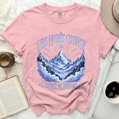Pink t-shirt with "The Night Court Court of Dreams" text and mountain graphic.