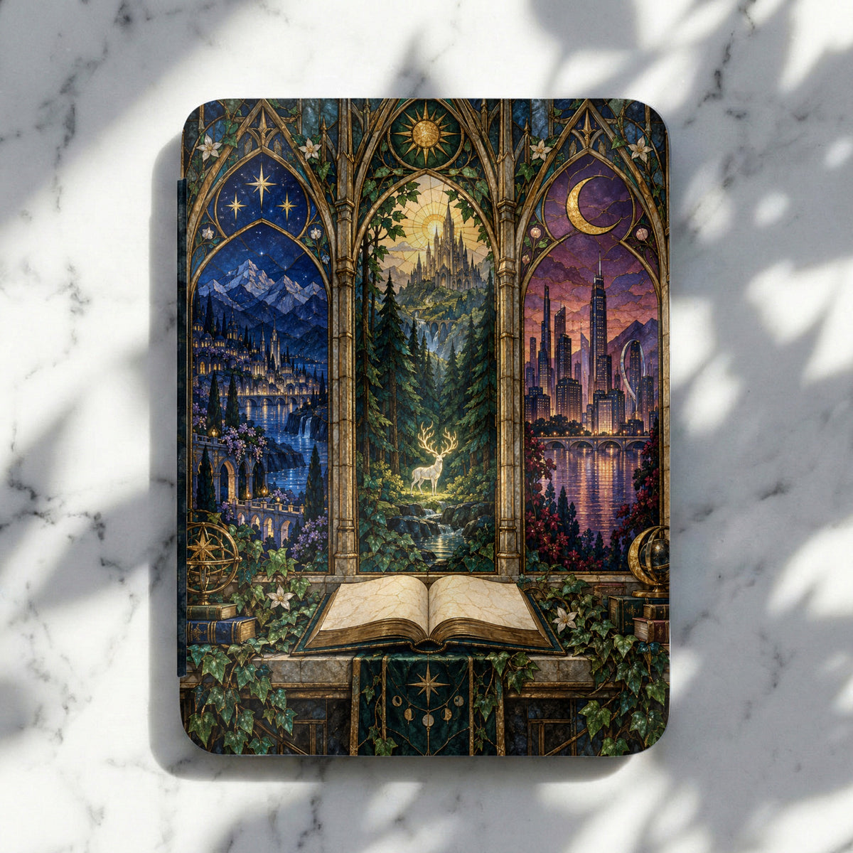 Cover art displays three arched windows with fantasy landscapes: a city at night, a forest with a stag, and a futuristic city at dusk.