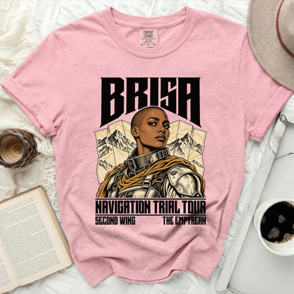 Pink t-shirt with "BRISA NAVIGATION TRIAL TOUR SECOND WING THE EMPYREAN" graphic.