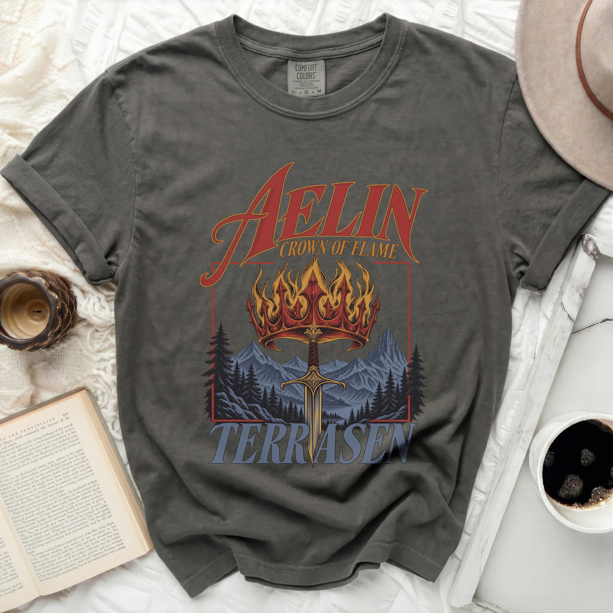 T-shirt with Aelin Crown of Flame and Terrasen text over sword and mountains.