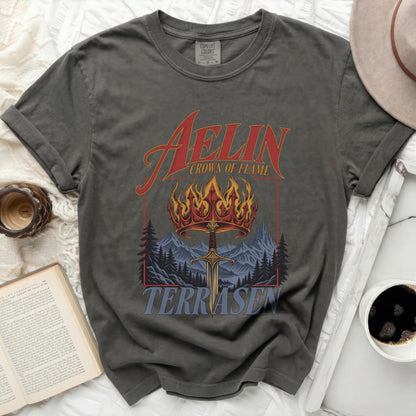 T-shirt with Aelin Crown of Flame and Terrasen text over sword and mountains.