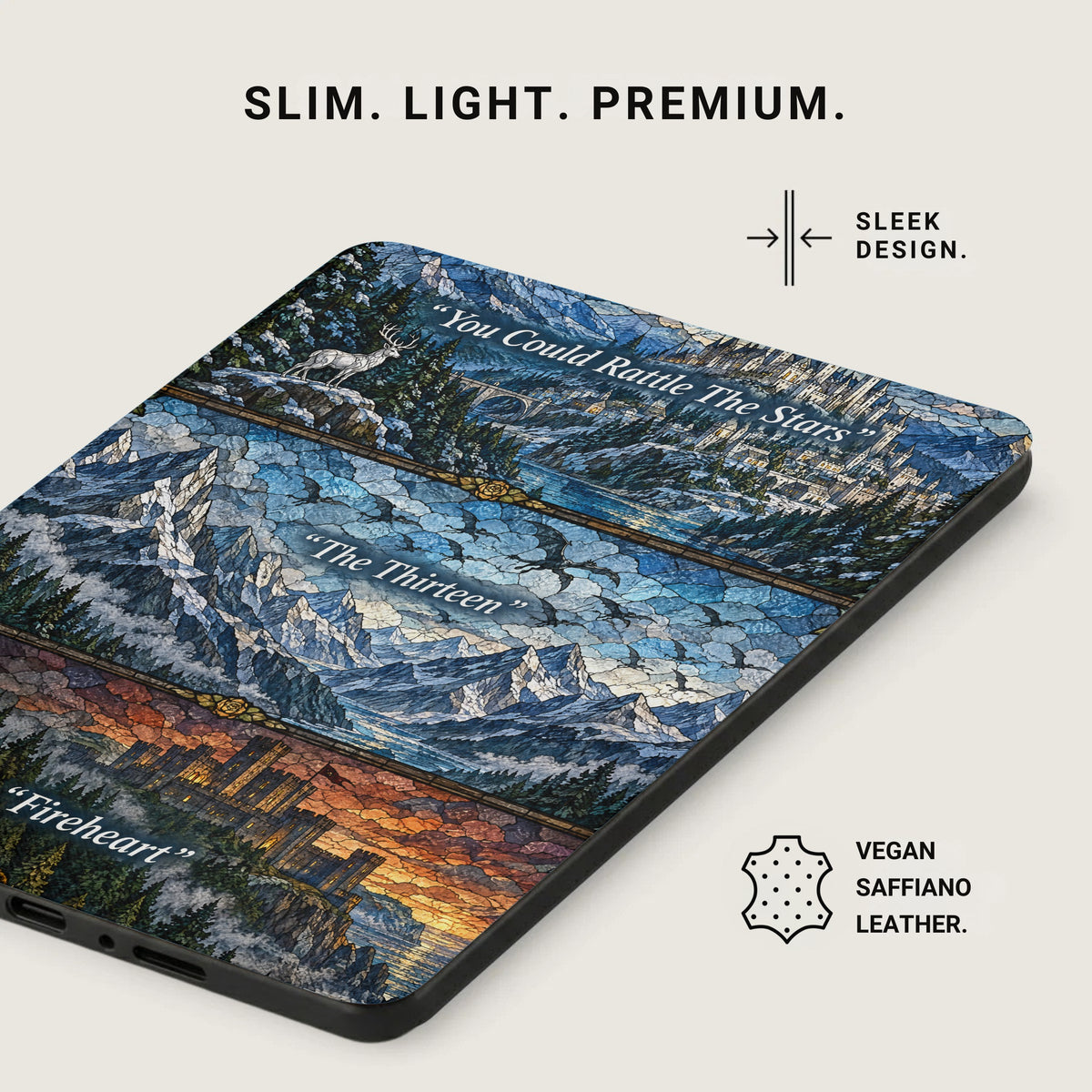 A slim black e-reader case featuring a stained glass fantasy landscape design with three horizontal panels and text quotes.