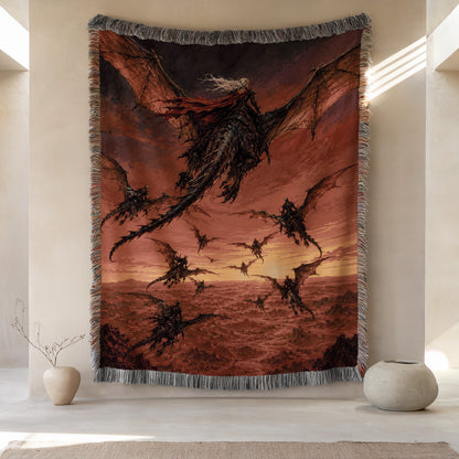 a large tapestry hanging on a wall, depicting a fantastical scene with a dragon-like creature soaring through a fiery sunset landscape.