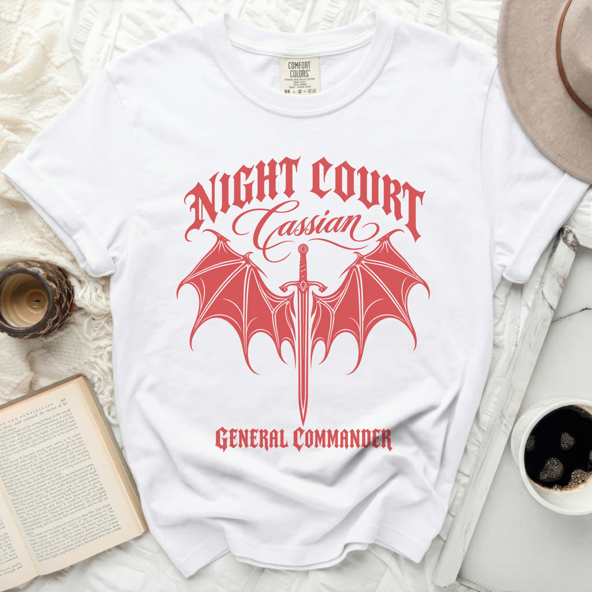 White t-shirt with red "Night Court Cassian General Commander" graphic.