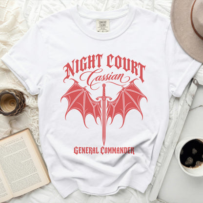White t-shirt with red "Night Court Cassian General Commander" graphic.