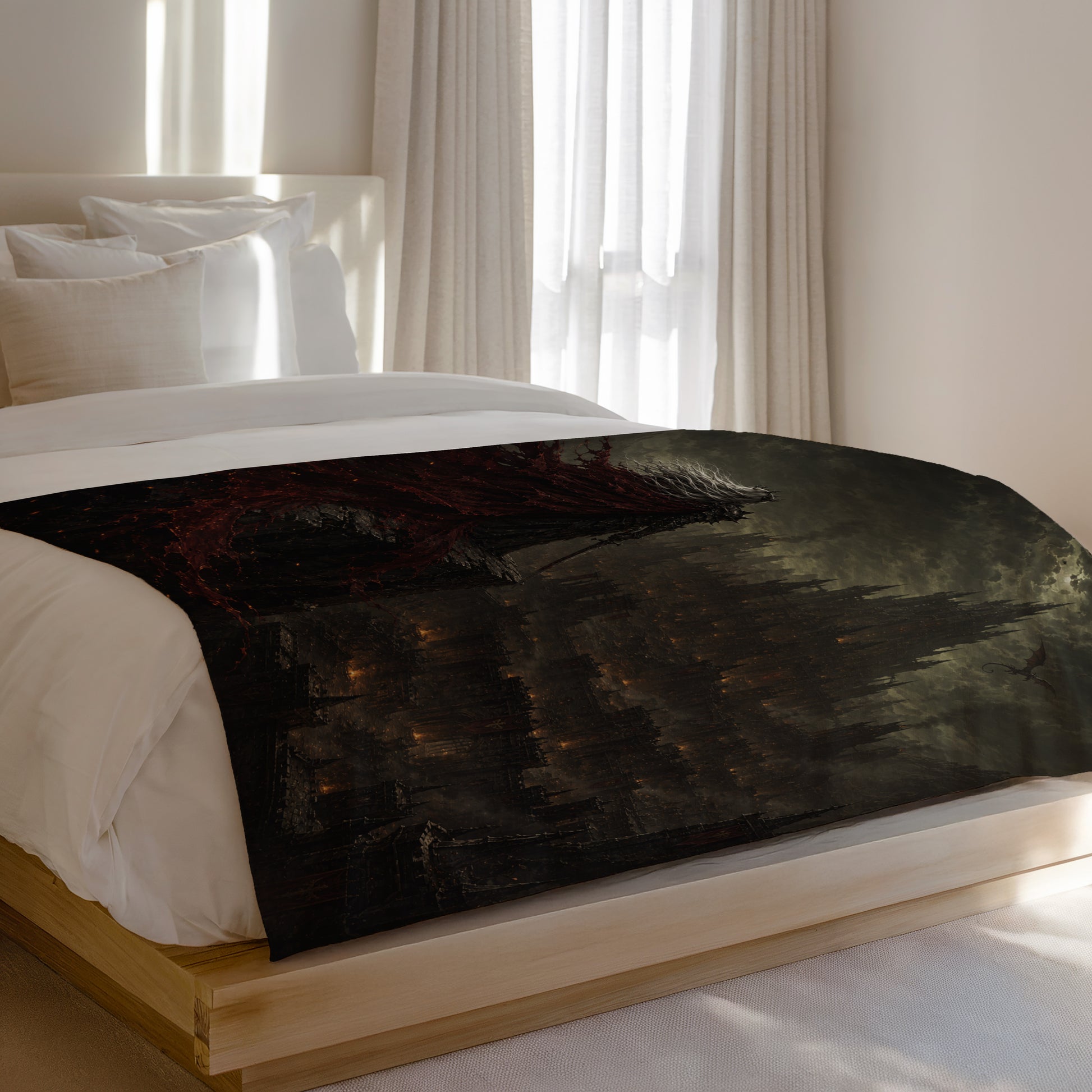 Dark fantasy blanket with dragon and city landscape with glowing windows.