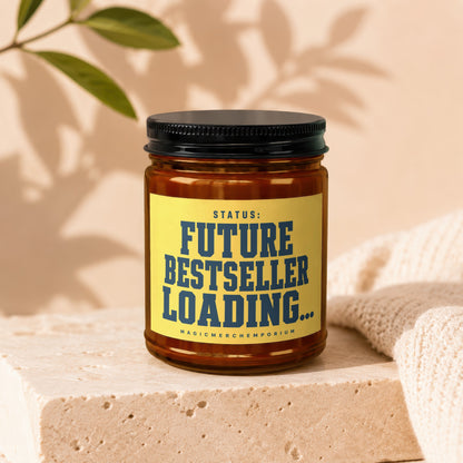 Amber jar with black lid features a yellow label with blue text: "STATUS: FUTURE BESTSELLER LOADING...".