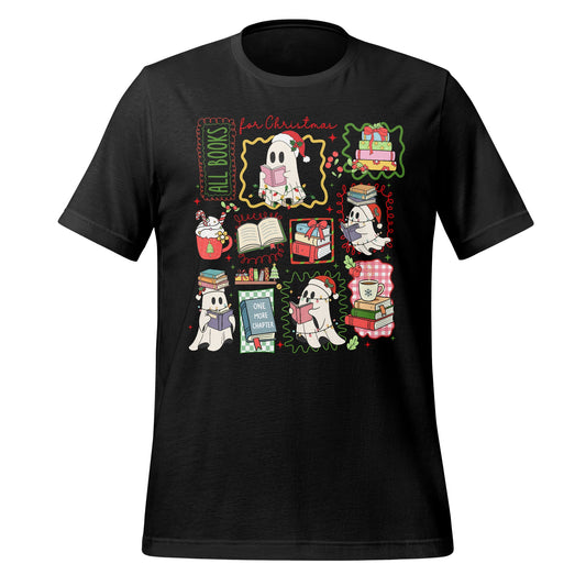 Christmas Ghosts and Books Festive Black T-shirt