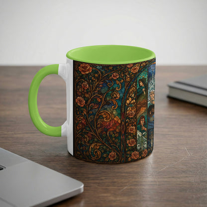 Mug with green handle featuring stained glass-style art of roses and figures.