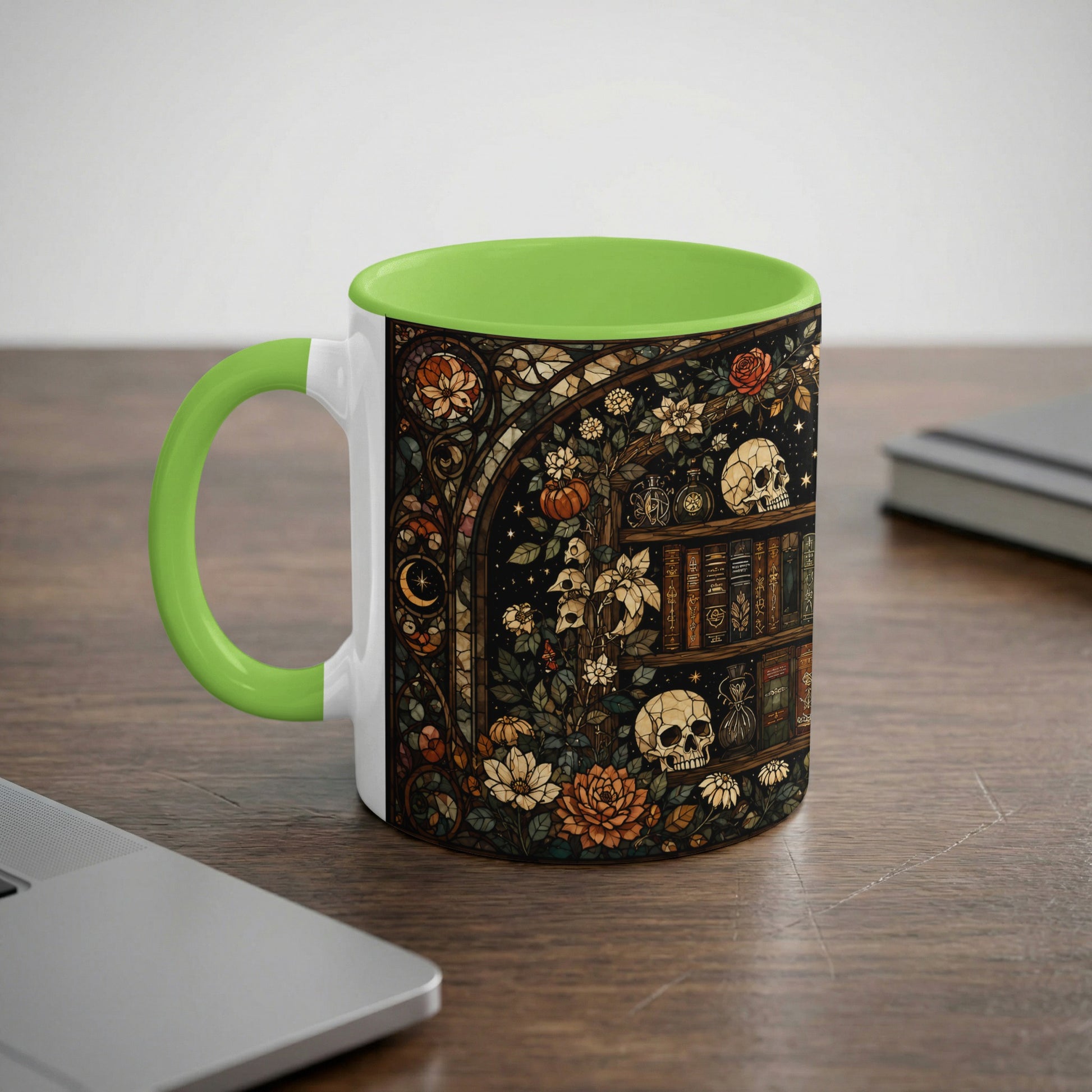 Mug with dark gothic stained glass design featuring skulls, flowers, and books.