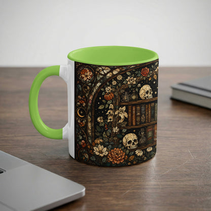 Mug with dark gothic stained glass design featuring skulls, flowers, and books.