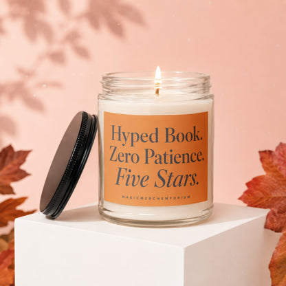 Jar candle with text "Hyped Book. Zero Patience. Five Stars." and brand.