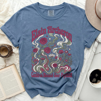 Blue t-shirt with "Elain Archeron Cauldron Blessed Seer Prythian" and floral design.