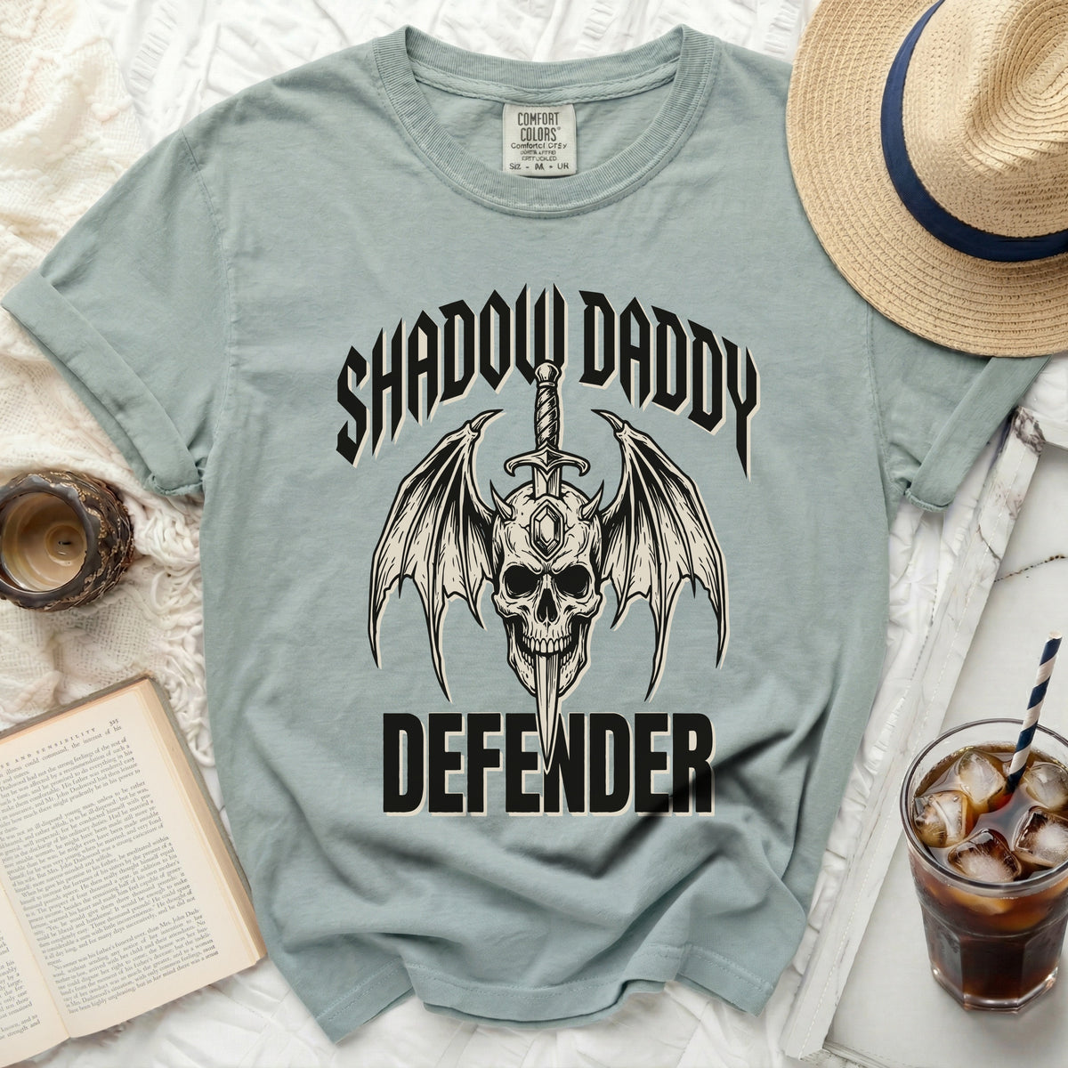Shadow Daddy Defender graphic t-shirt with skull and wings.