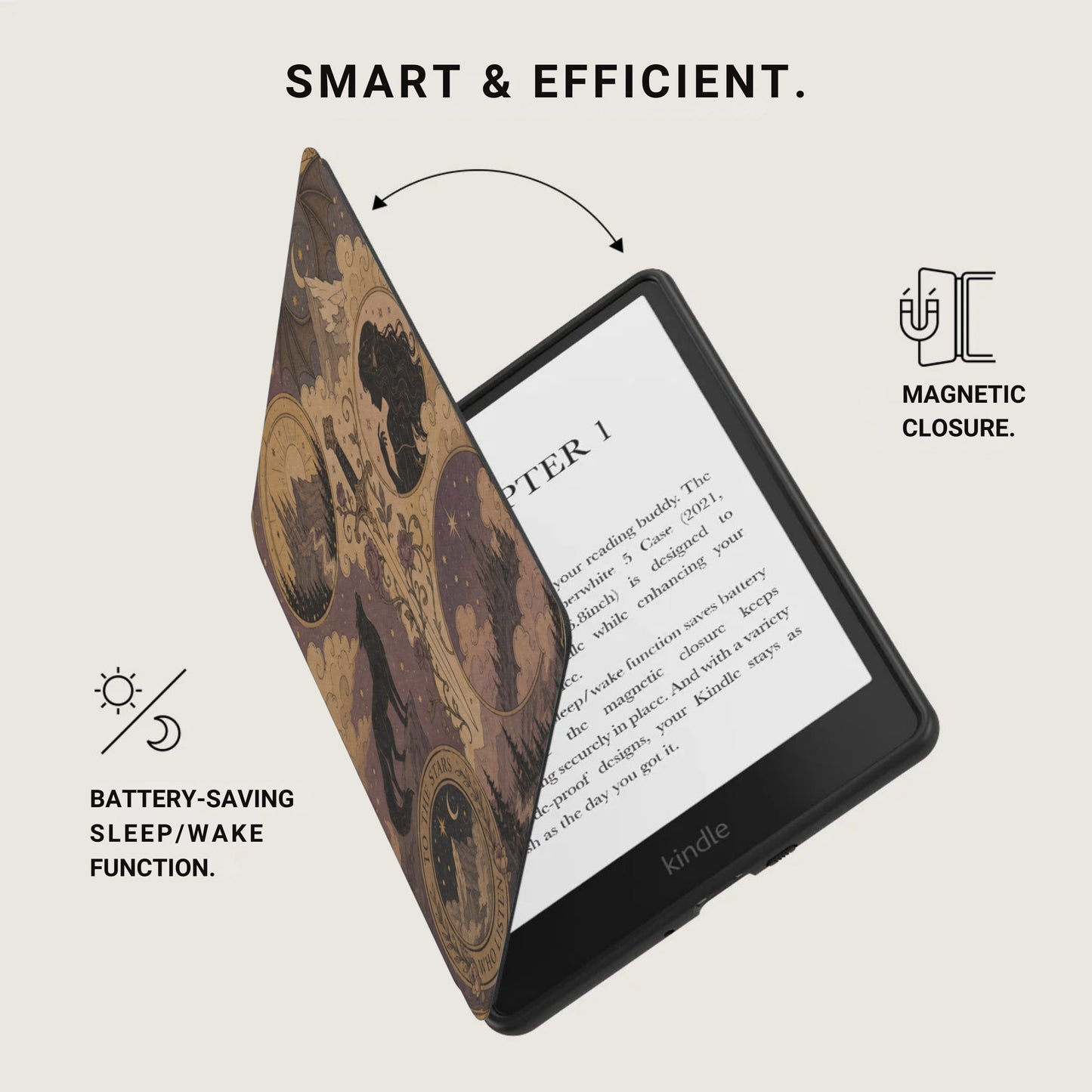 Kindle with a decorative cover, magnetic closure, and battery-saving sleep/wake function.